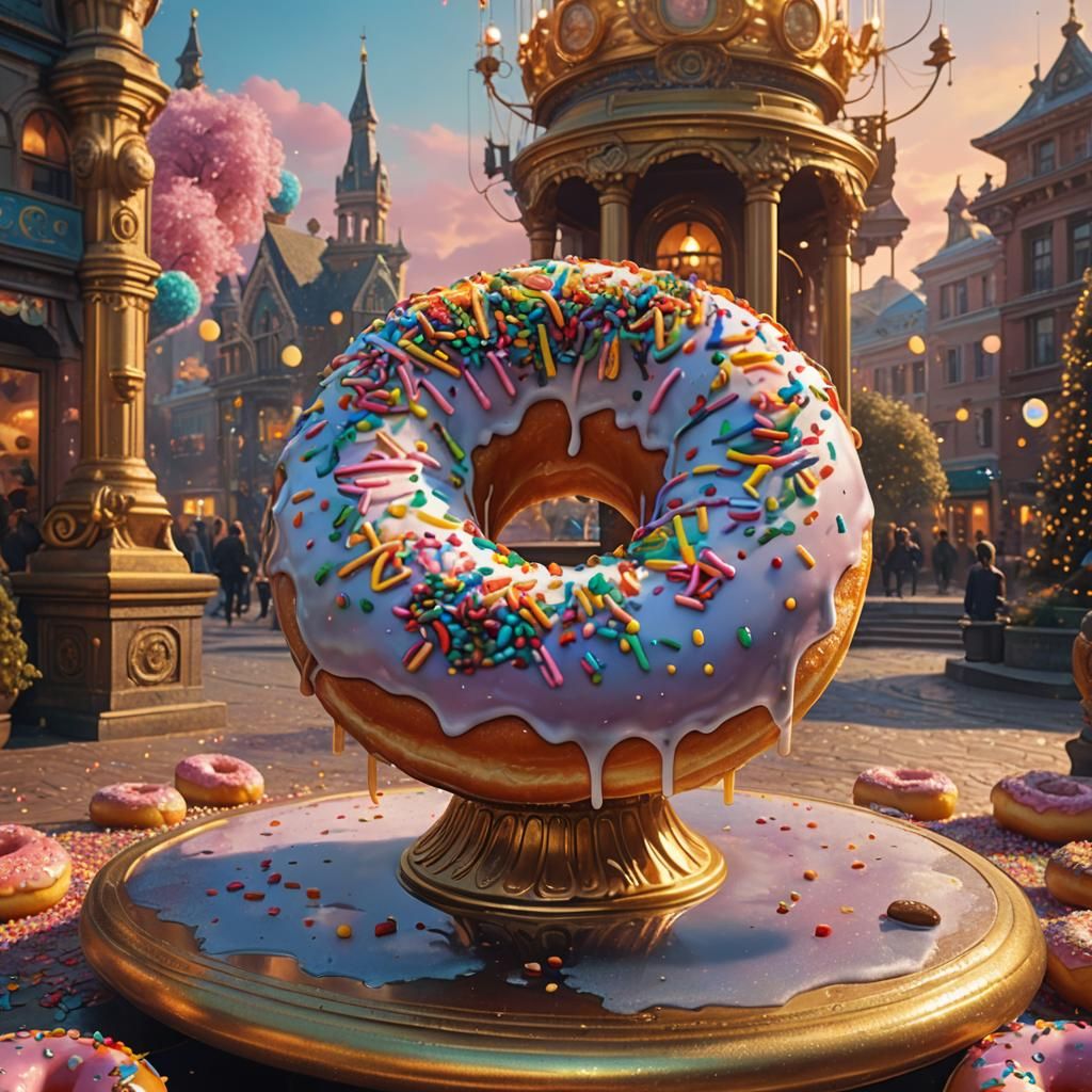Delicious Donut on Golden Pedestal in Dreamlike Setting