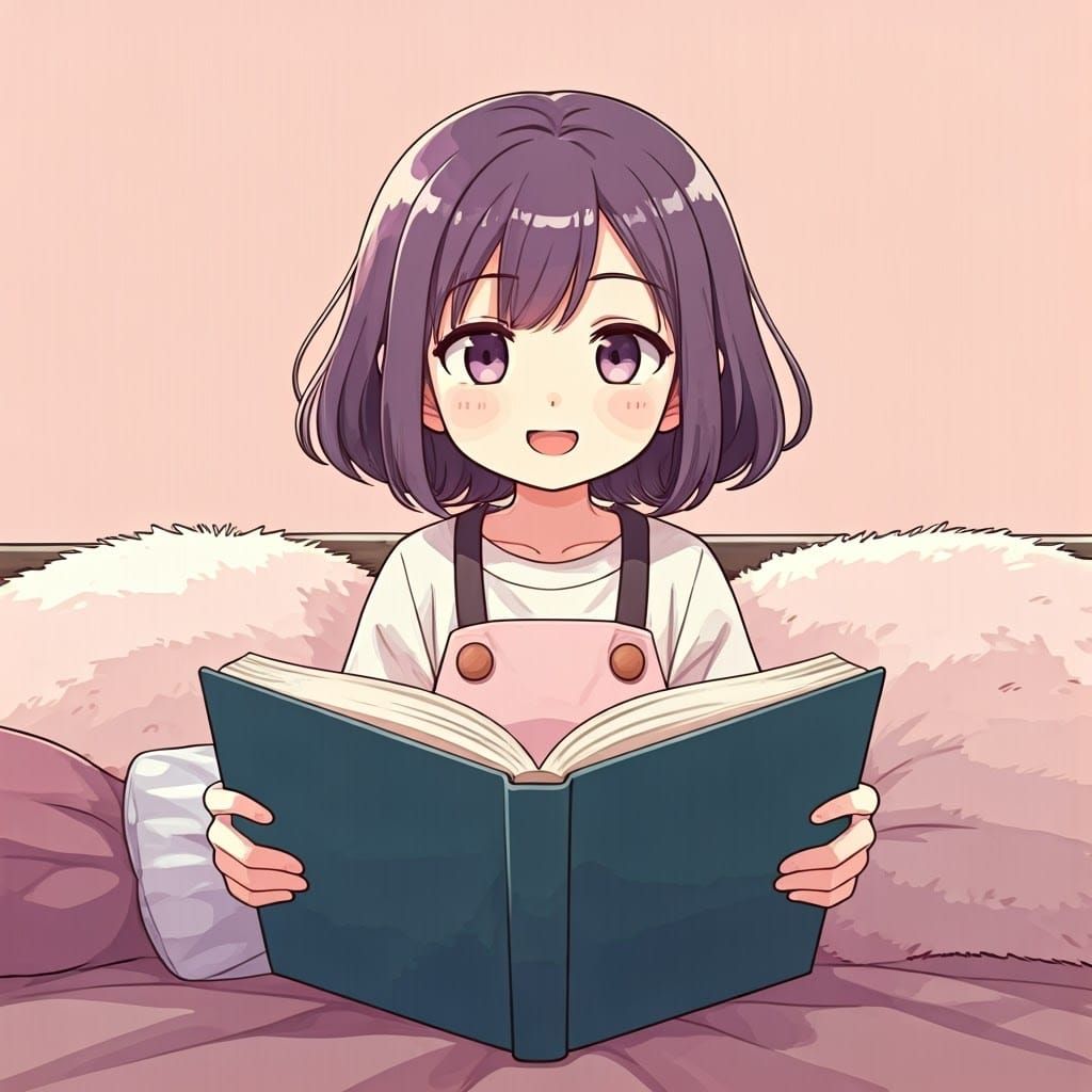 Anime Girl Reads Book with a Happy Smile