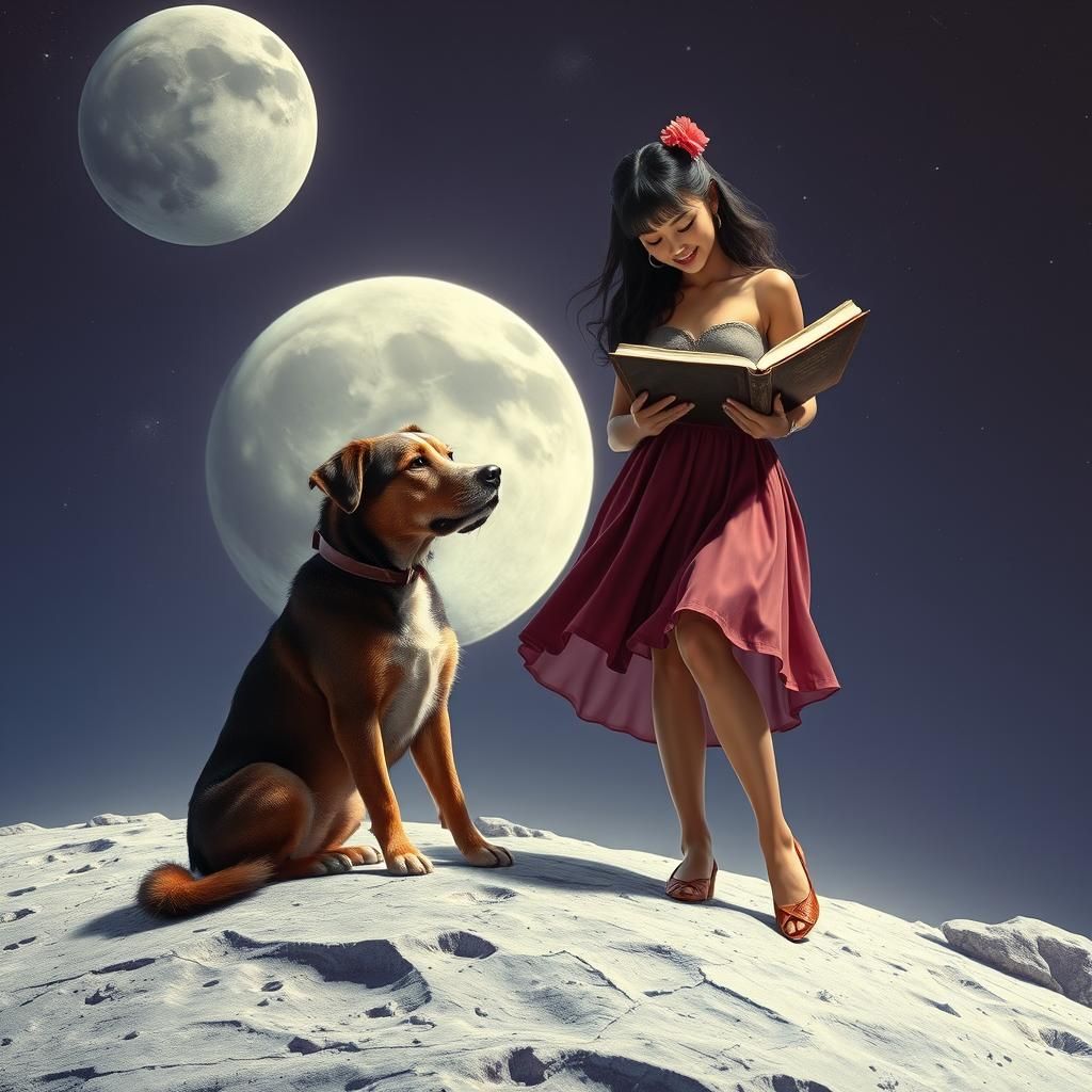 Moon Orbit Scene with Reading Dog in Digital Art