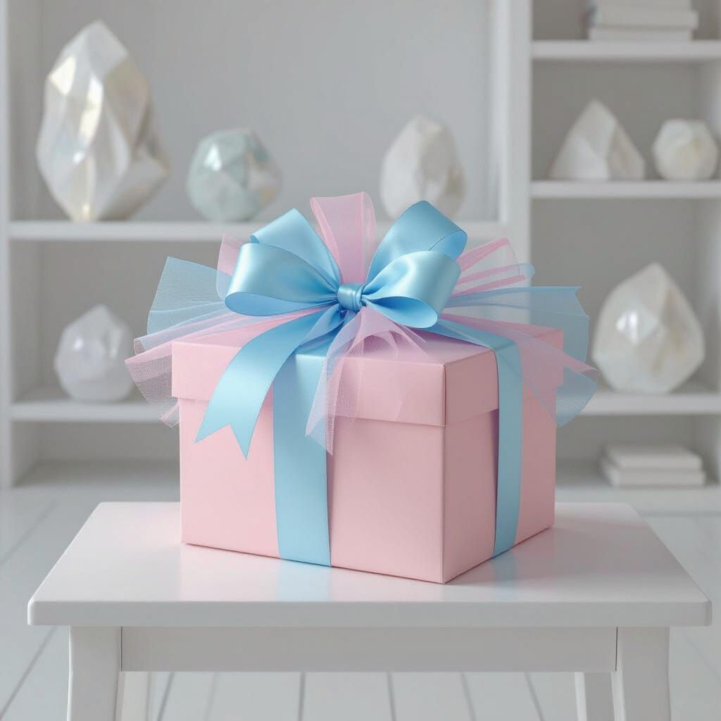 Pink Gift Box with Tulle Ribbons, Matte Painting Style