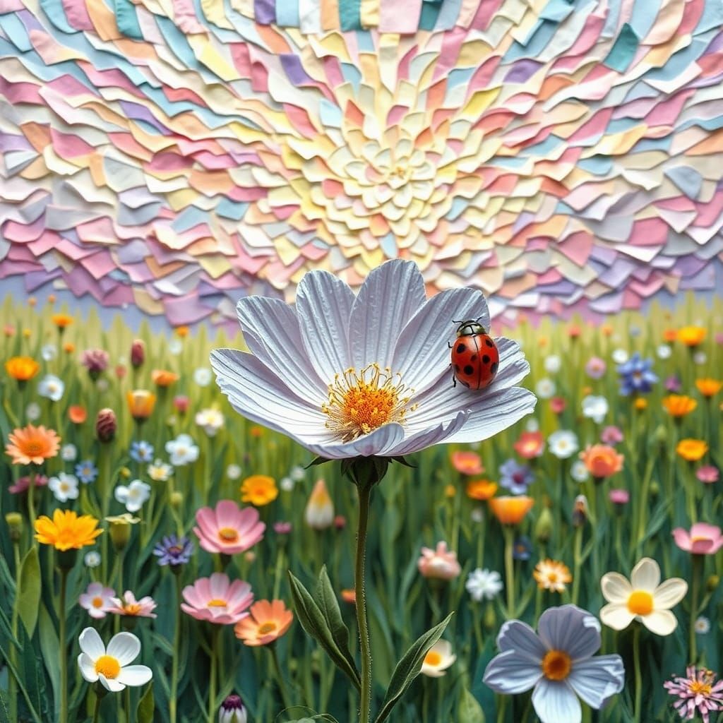 Paper Collage Meadow with Cornflower and Ladybug