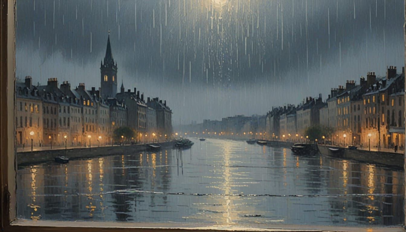 Rainy City Night Through Window in Impressionist Style