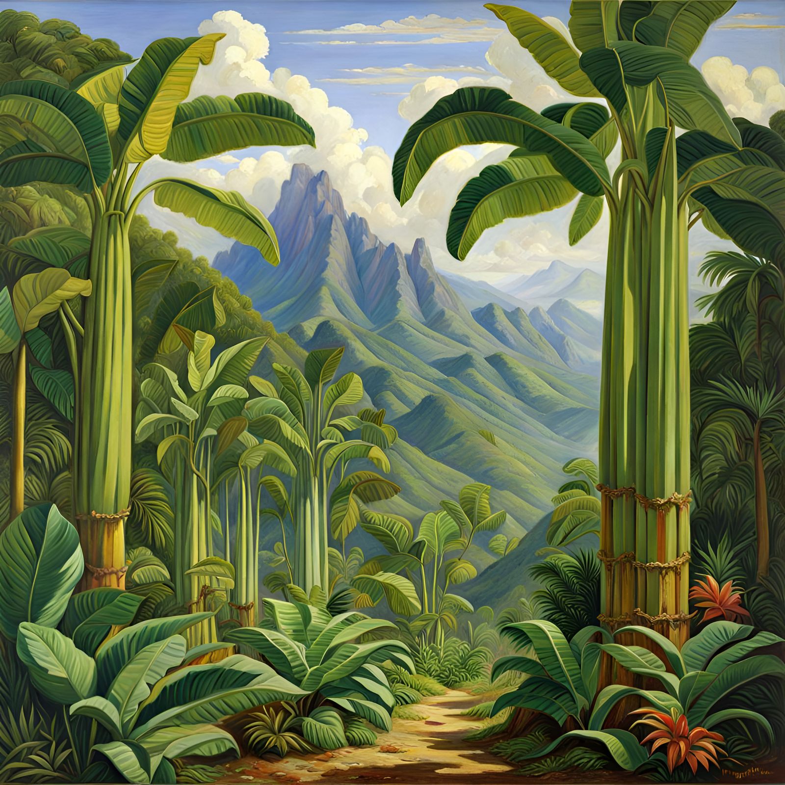 Tropical Mountain Landscape with Banana Trees as Oil Paintin...