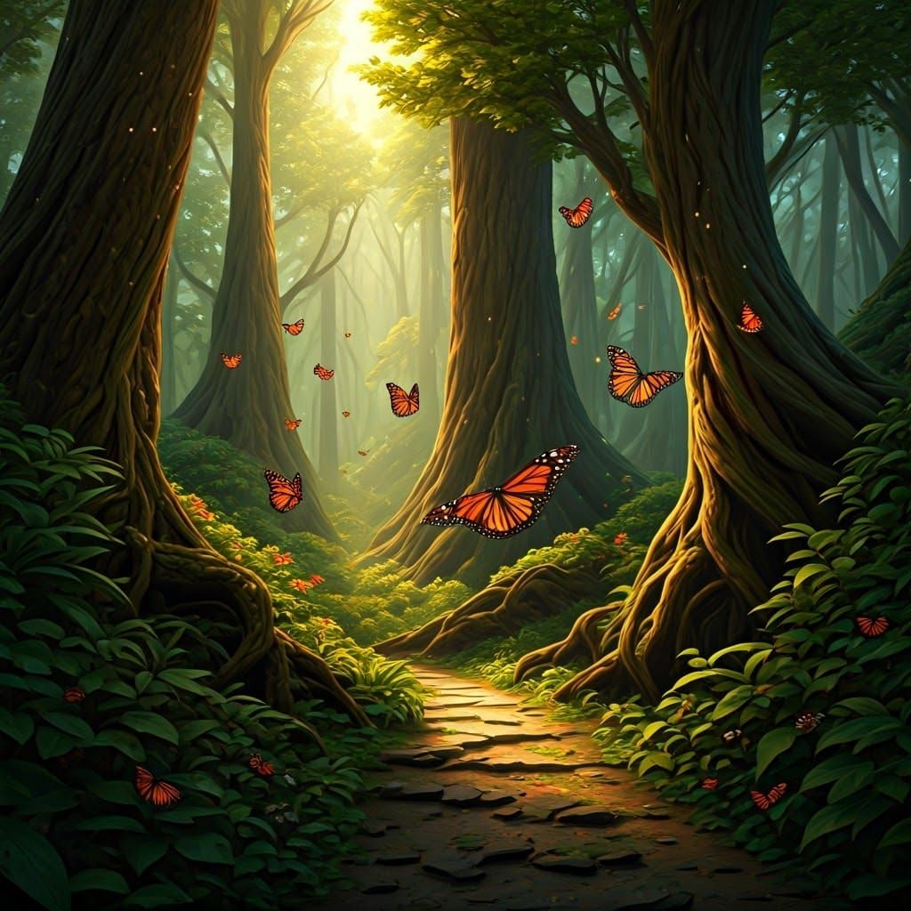 Monarch Butterflies Shimmering in an Enchanted Forest