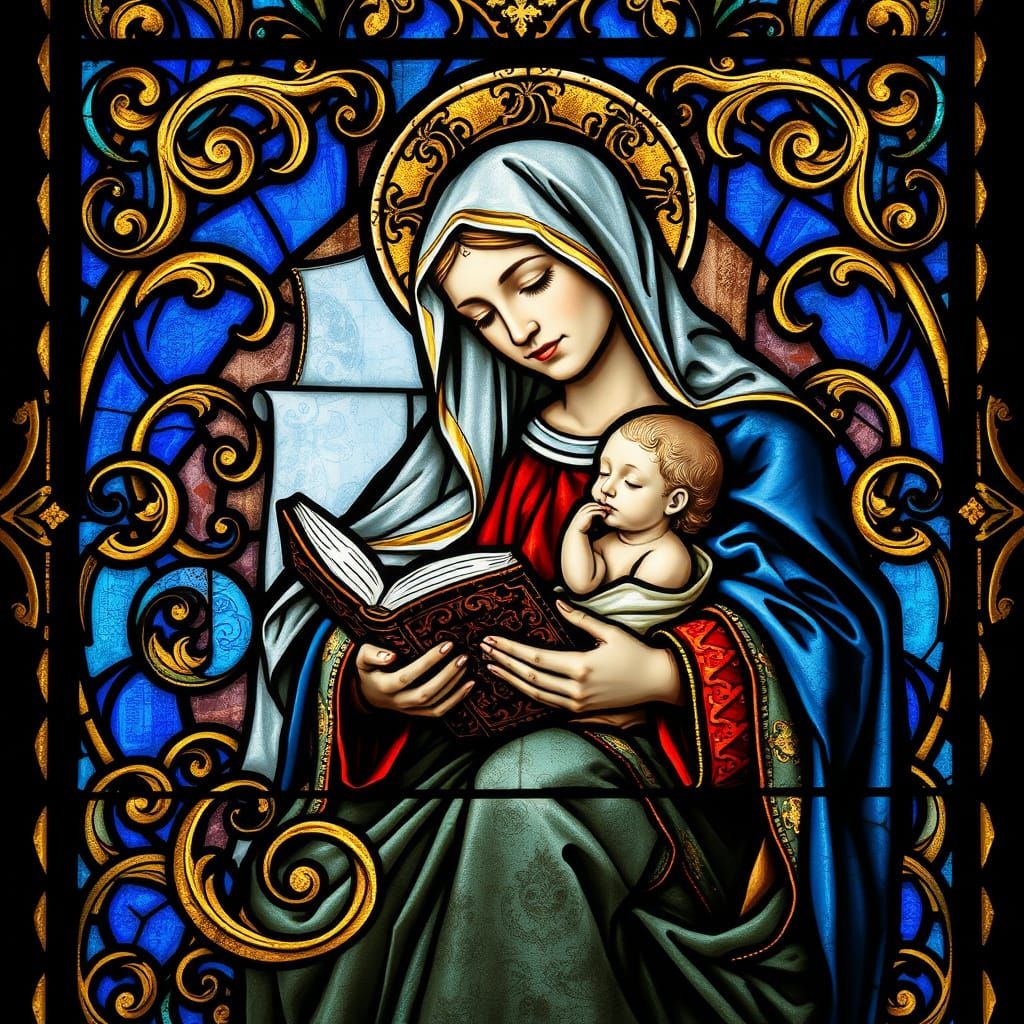 Golden Light Illuminates St Mary Reading to Baby Jesus in St...