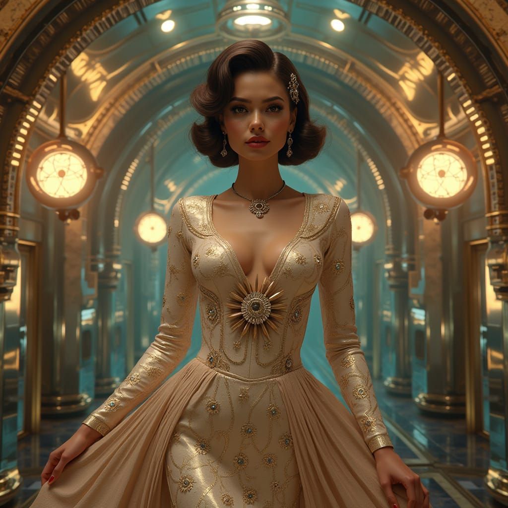 Sophisticated Woman in Retrofuturistic Glamour