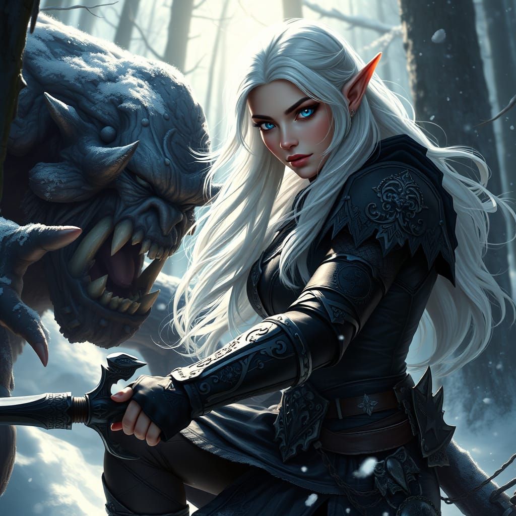 Elven Huntress Battles Troll in Snowy Forest
