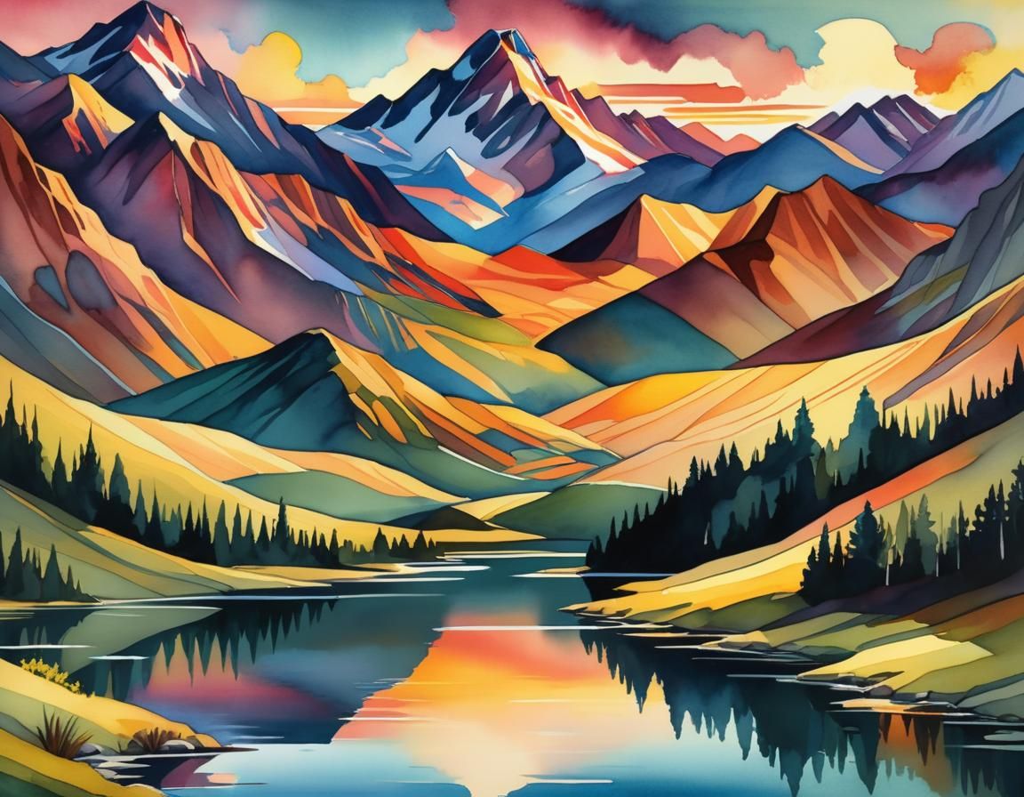 Cubistic Watercolor Mountain Valley Sunset Reflection