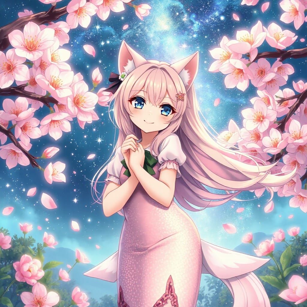 Anime Cat-Girl Mermaid Under Cherry Blossoms in a Starry Nig...