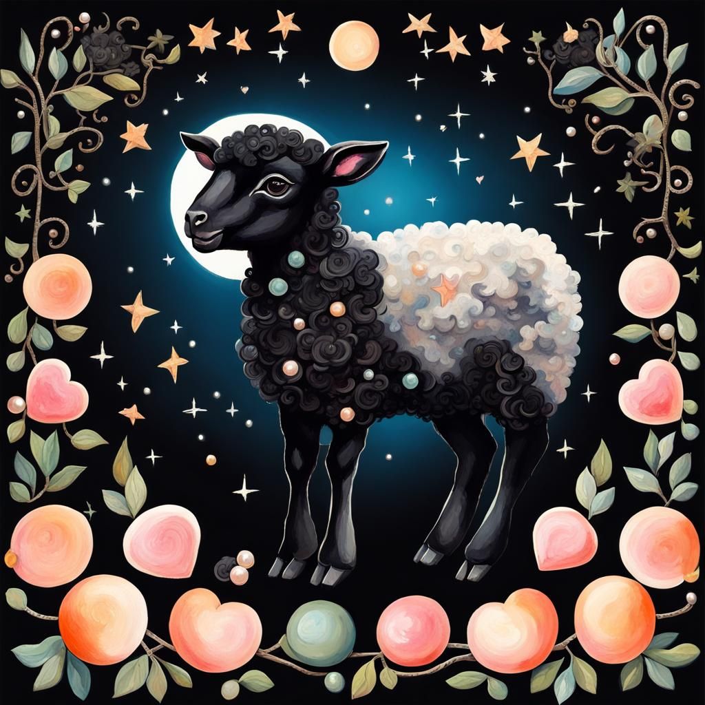 Black Lamb with Celestial Elements in Gouache Style