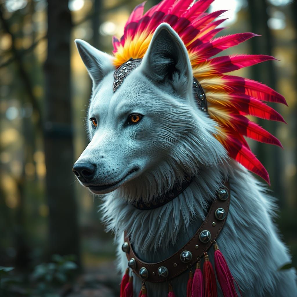 Wolf in Feathered Headdress, Digital Art