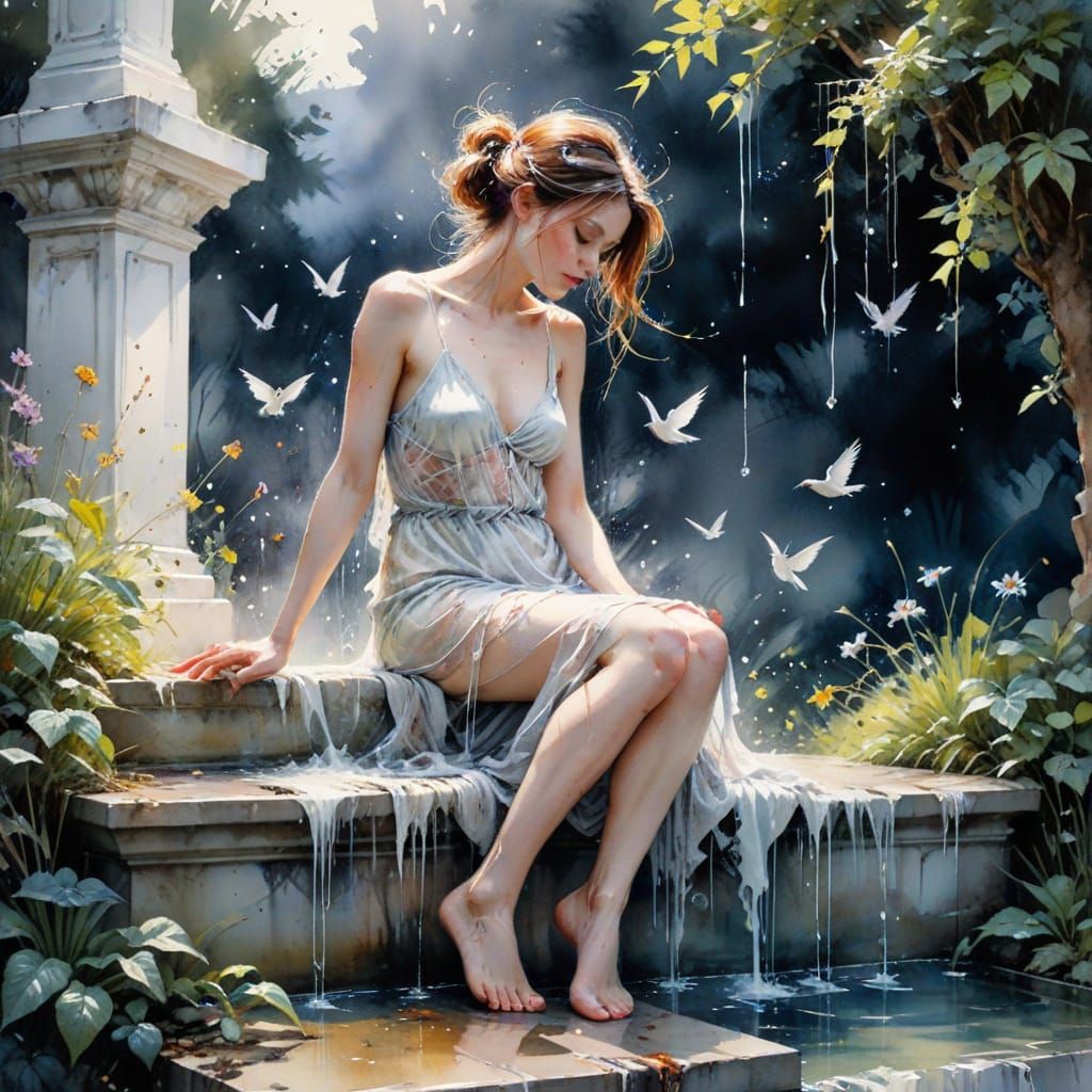 Ethereal Whispers in a Dreamlike Fountain Scene