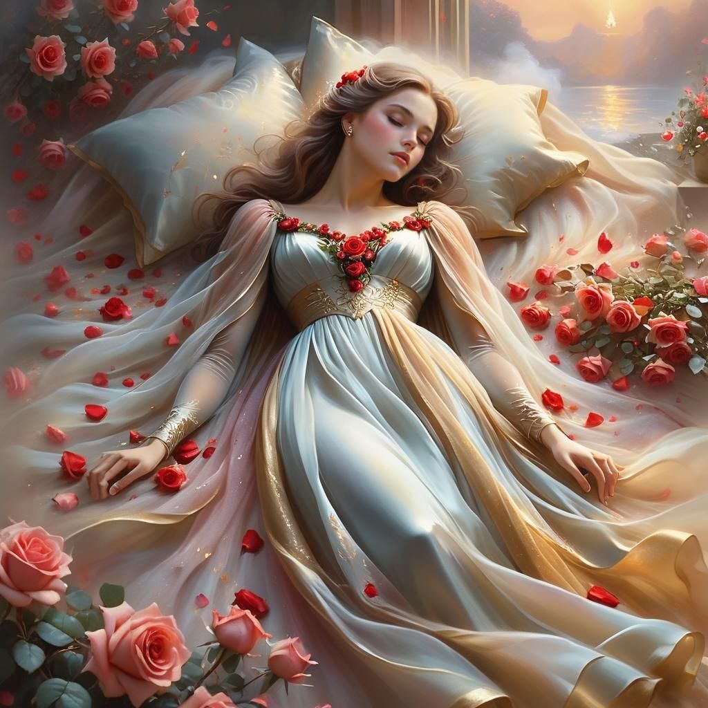 Woman Sleeping with Roses in Ethereal Style