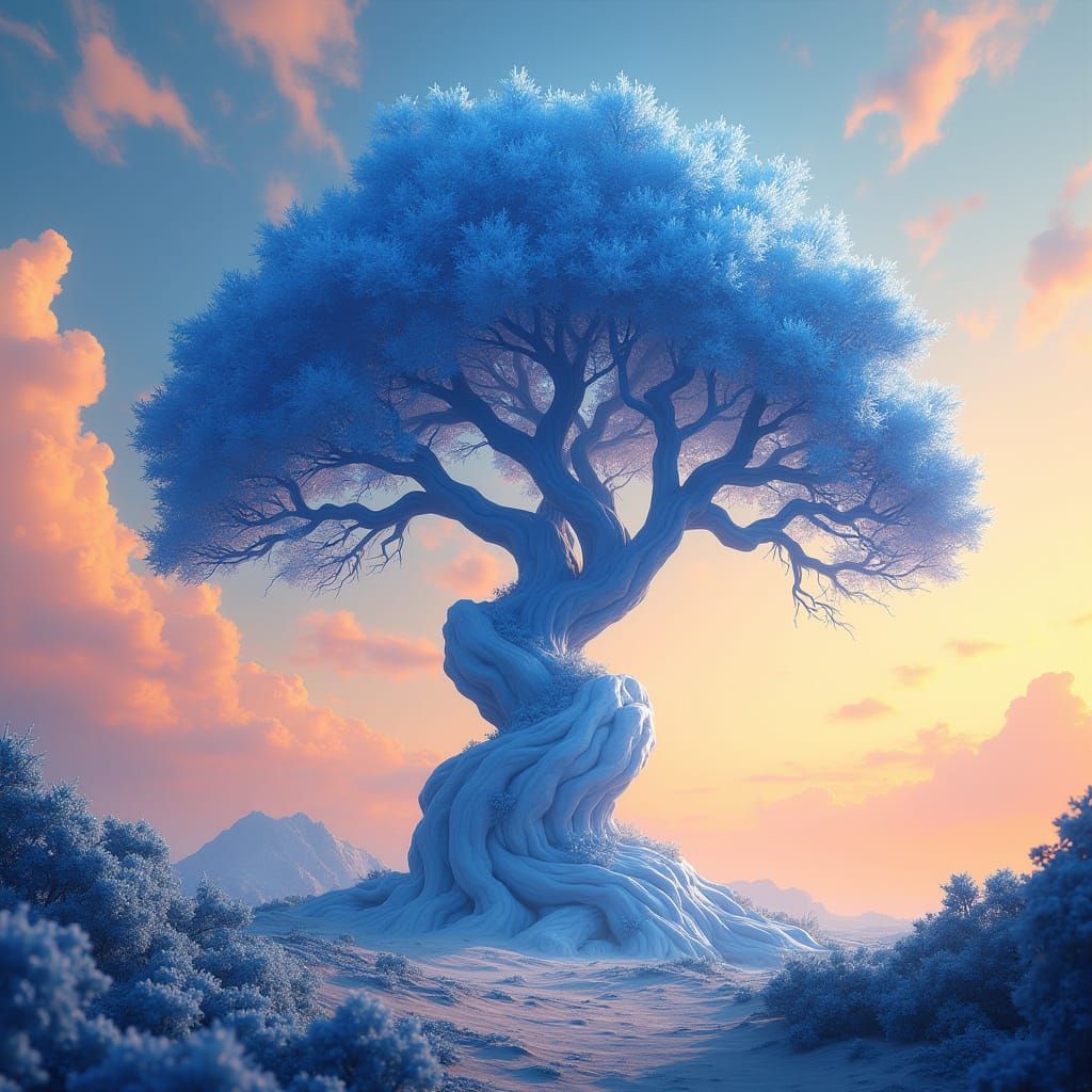 Majestic Blue Tree in Dreamlike Fantasy Landscape