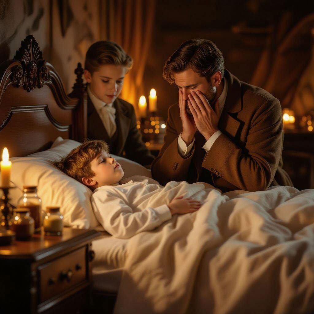 Worried Doctor Attends Sick Boy: Oil Painting