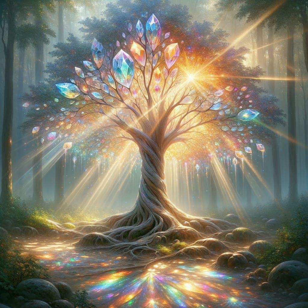Crystal Tree Radiates Rainbow Light in Forest Glade