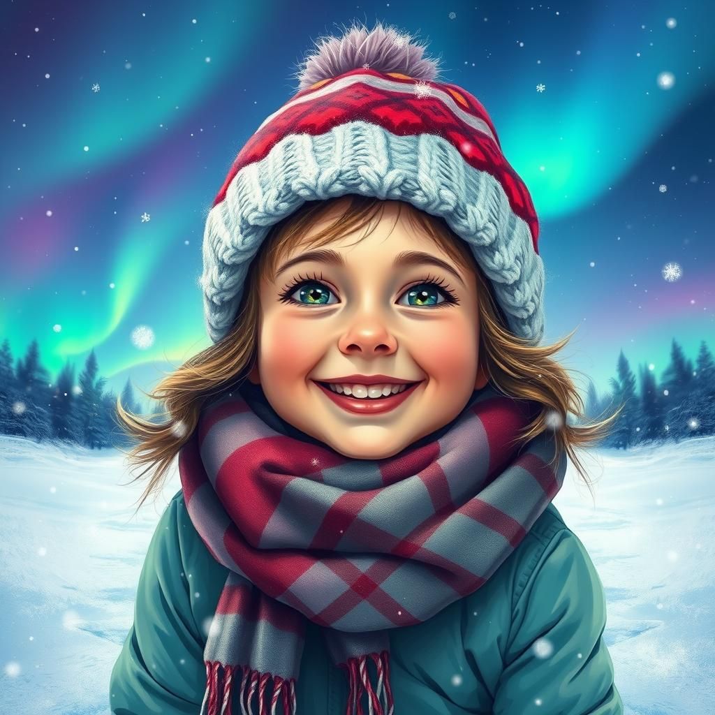 Girl Playing in Snow Under Aurora Sky: Splash Art
