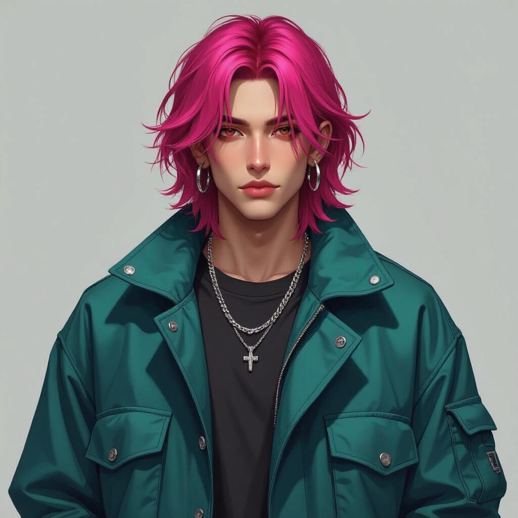 Pink Haired Man in Teal Jacket and Cargo Pants