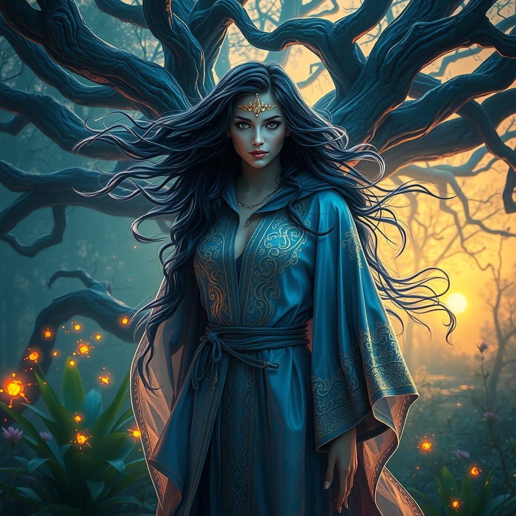 Mystical Sorceress in Ethereal Landscape, Fantasy Concept Ar...