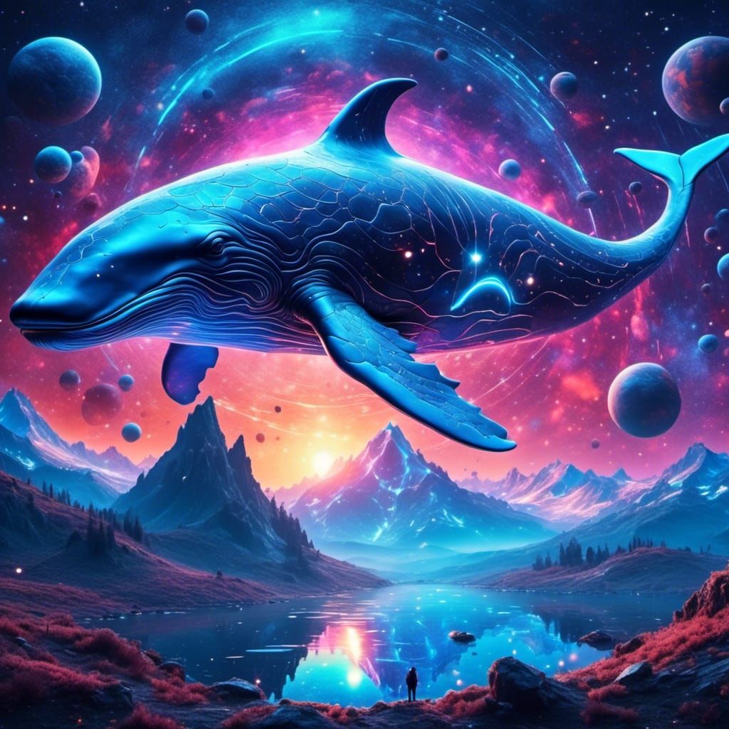 Blue Whale Gliding Through Cosmos in Retro Futurism
