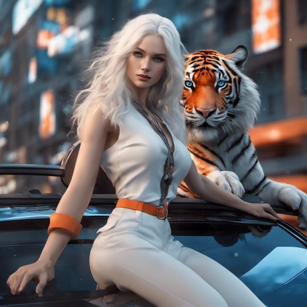 Woman with Tiger Companion in Modern Concept Art