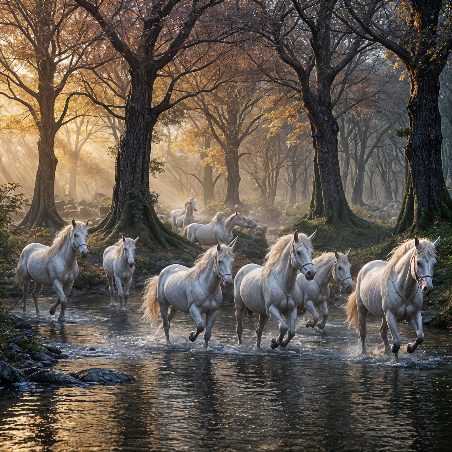 Unicorns Galloping Through Autumnal River, Dark Fantasy Art
