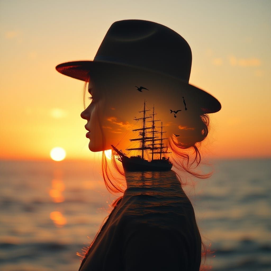 Silhouette of Woman with Ship Double Exposure