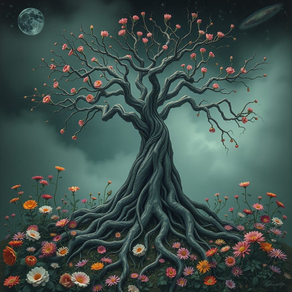 Undead Tree with Flowers in Digital Art Style