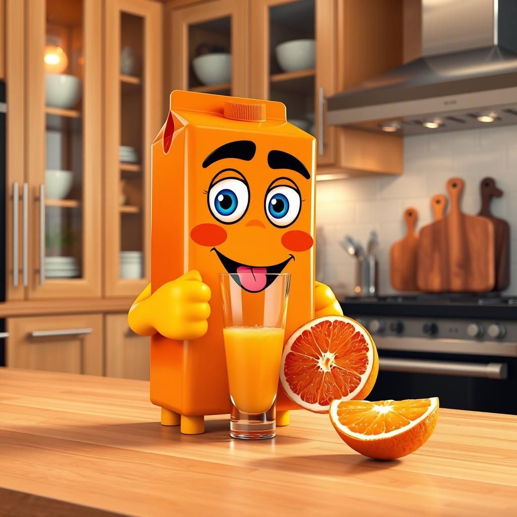 3D rendering of an anthropomorphic orange juice box placed i...