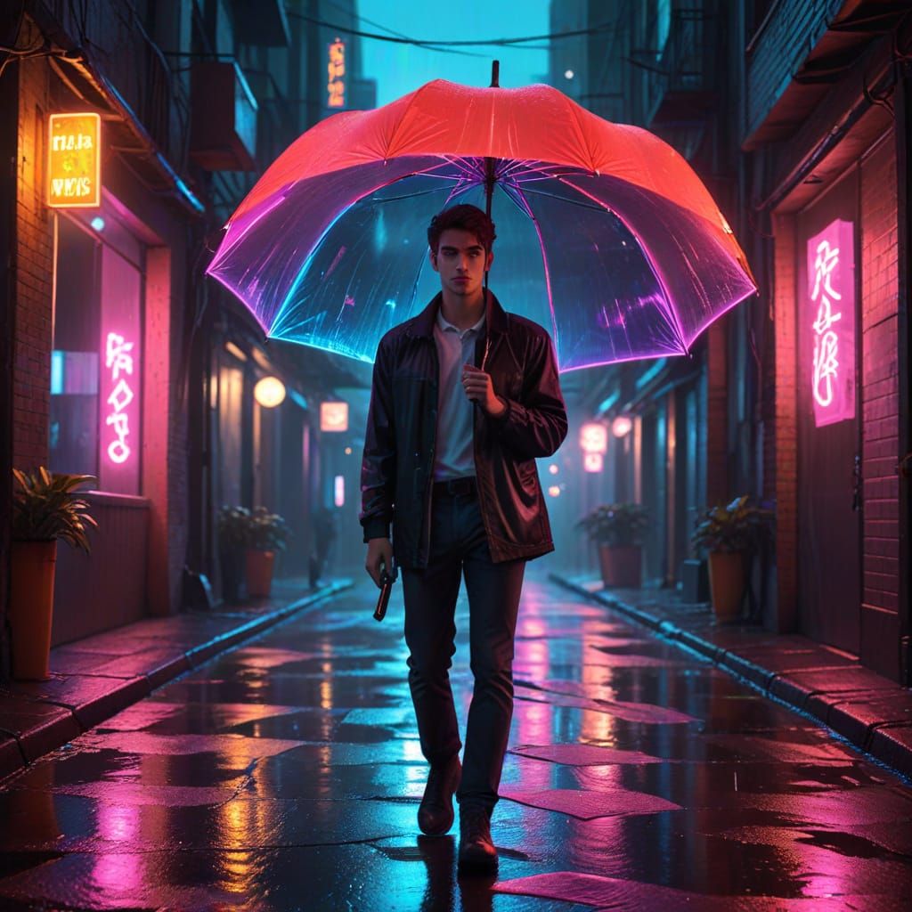 Glowing Umbrella in Neon Night Alley