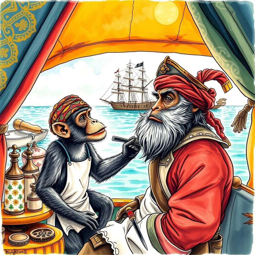 Majestic Barbary Macaque Barber in Exotic Pirate Barbershop