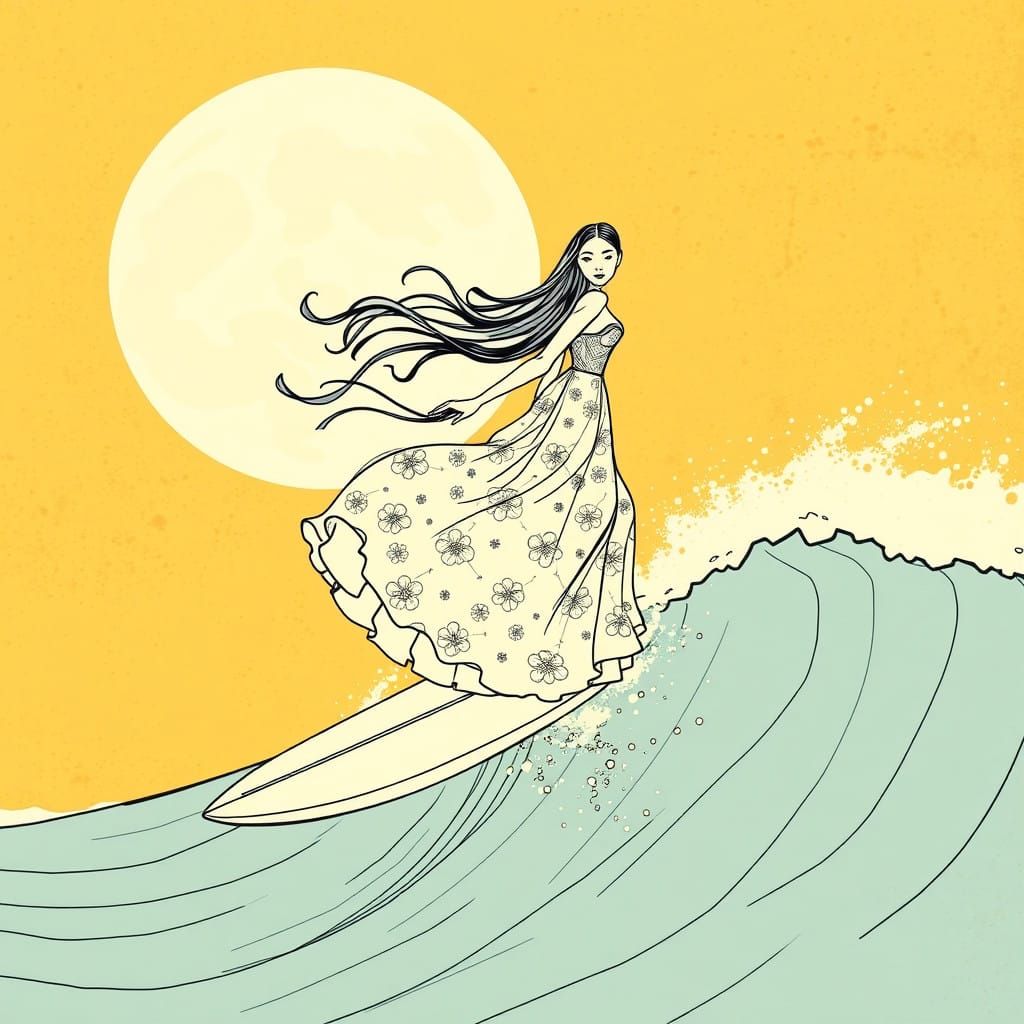 Elegant Woman Surfs Moonlit Wave in Gaudí-Inspired Style