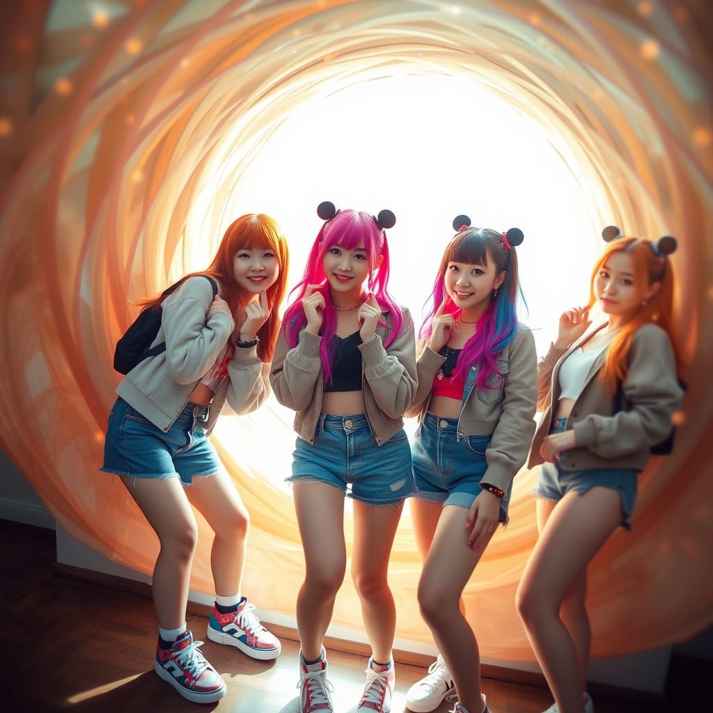 Girls in K-Pop Style Pose Around a Glowing Portal