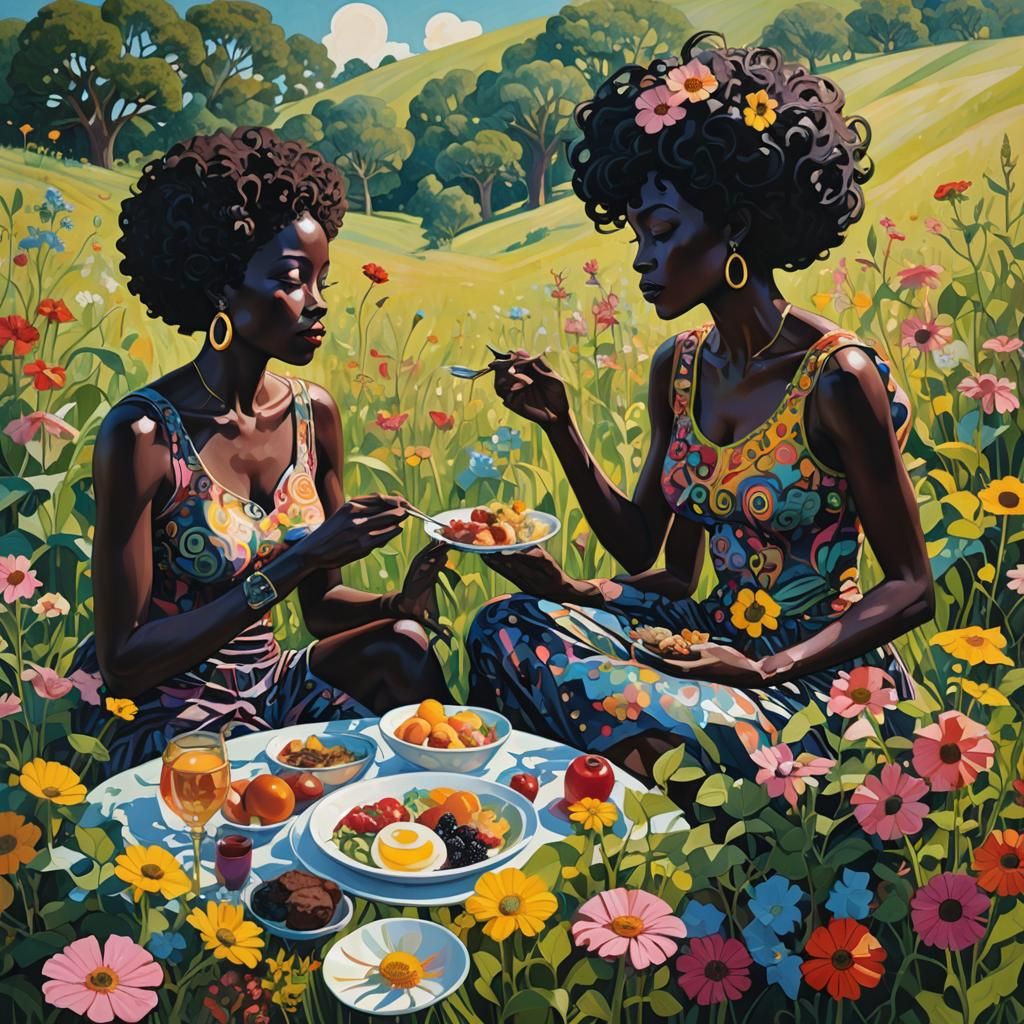Afro-Surrealist Meadow Breakfast in Magical Realism Style