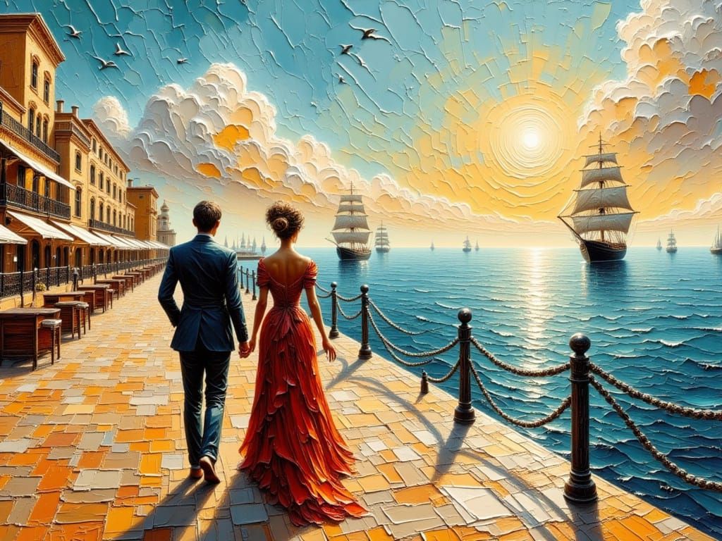 Victorian Couples on Sun-Drenched Pier as Impasto Oil Painti...