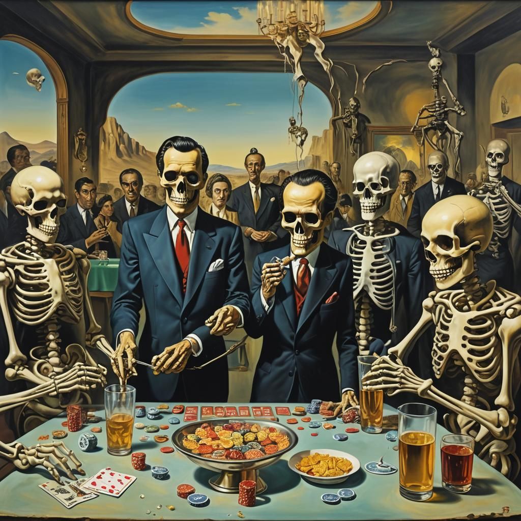 Surreal Skeletons Gamble in Melting Casino, Dali Style