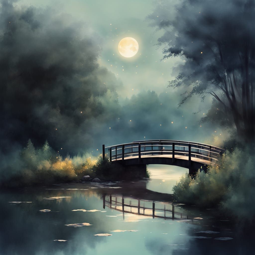 Dreamy Night Bridge in Watercolor Style