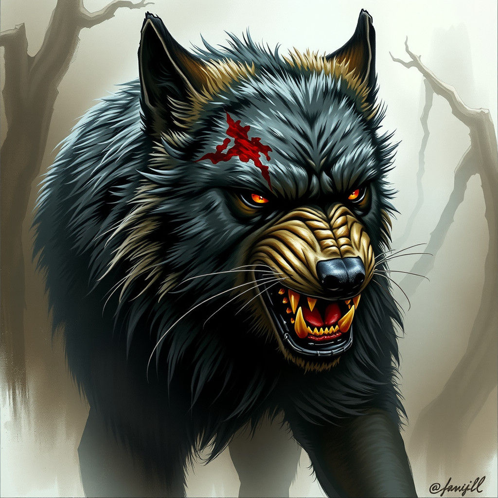 Battle-Hardened Wolf with Scar, in Fantasy Illustration Styl...