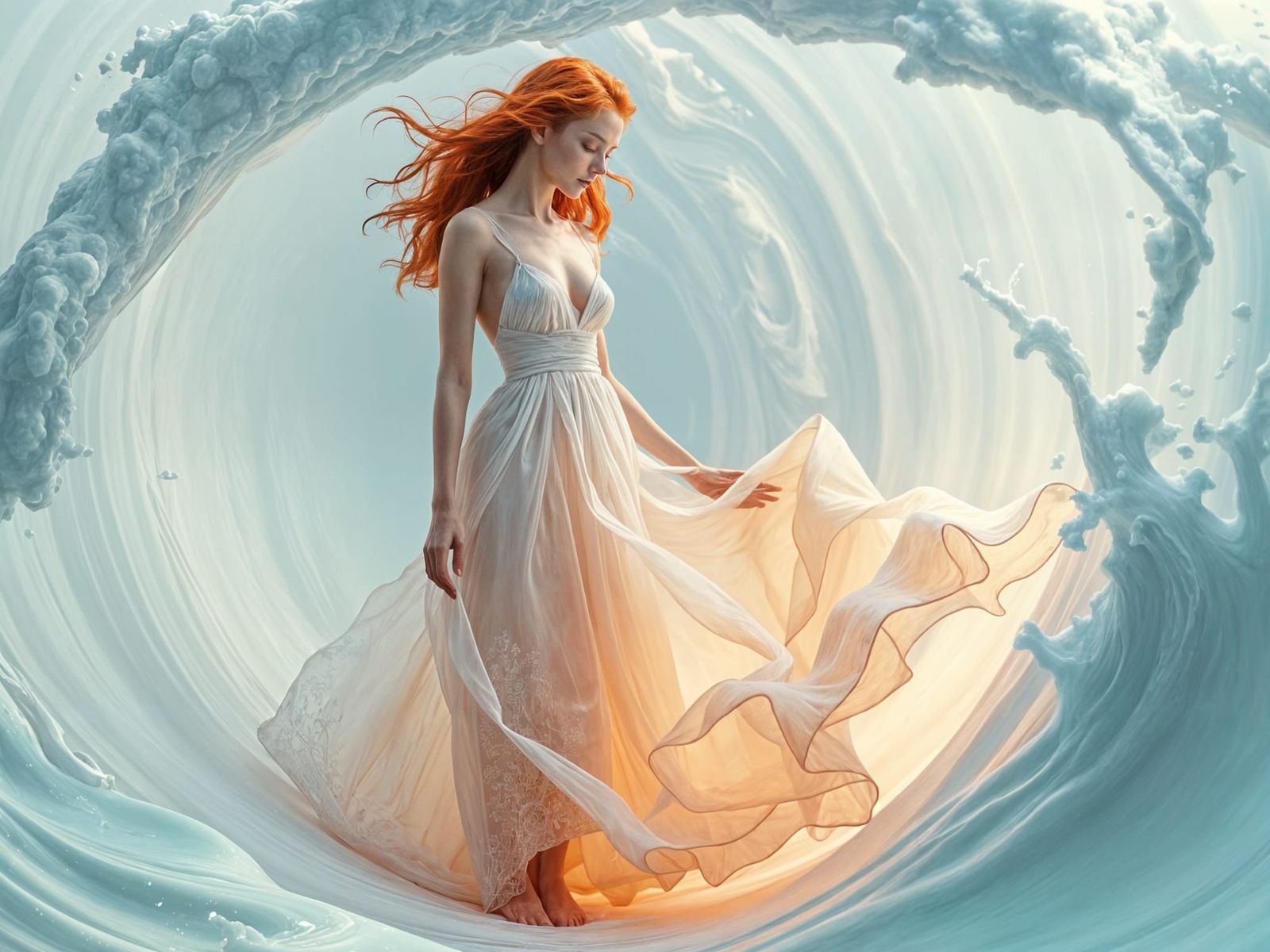 Ethereal Goddess on the Brink of a Futuristic Tsunami