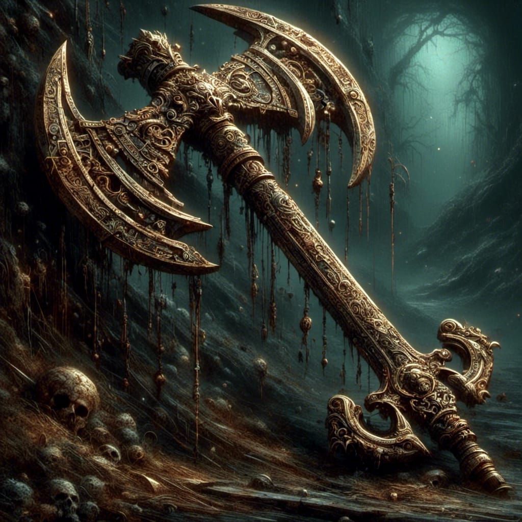 Rusty Battleaxe in Grimdark Dark Fantasy Style