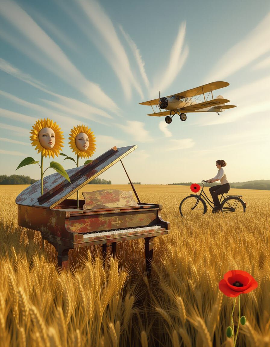 Surreal Wheat Field Piano with Biplane and Biking Poppy