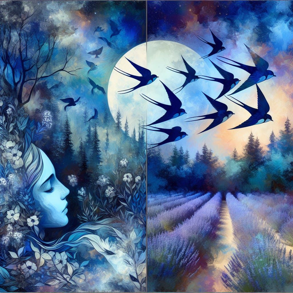 Blue Forest Moonscape in Watercolour Art Brut Style