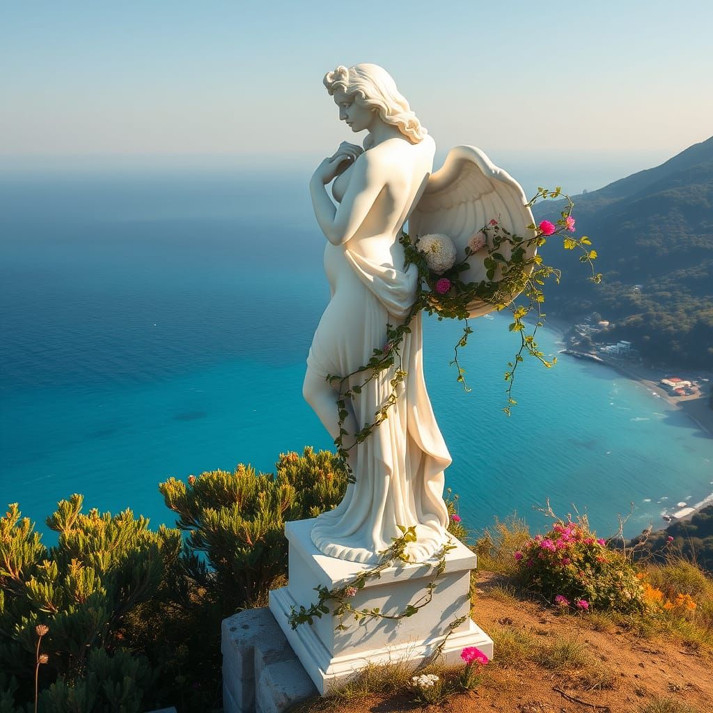Classical Greek Mythical Figure Statue on Tranquil Hillside