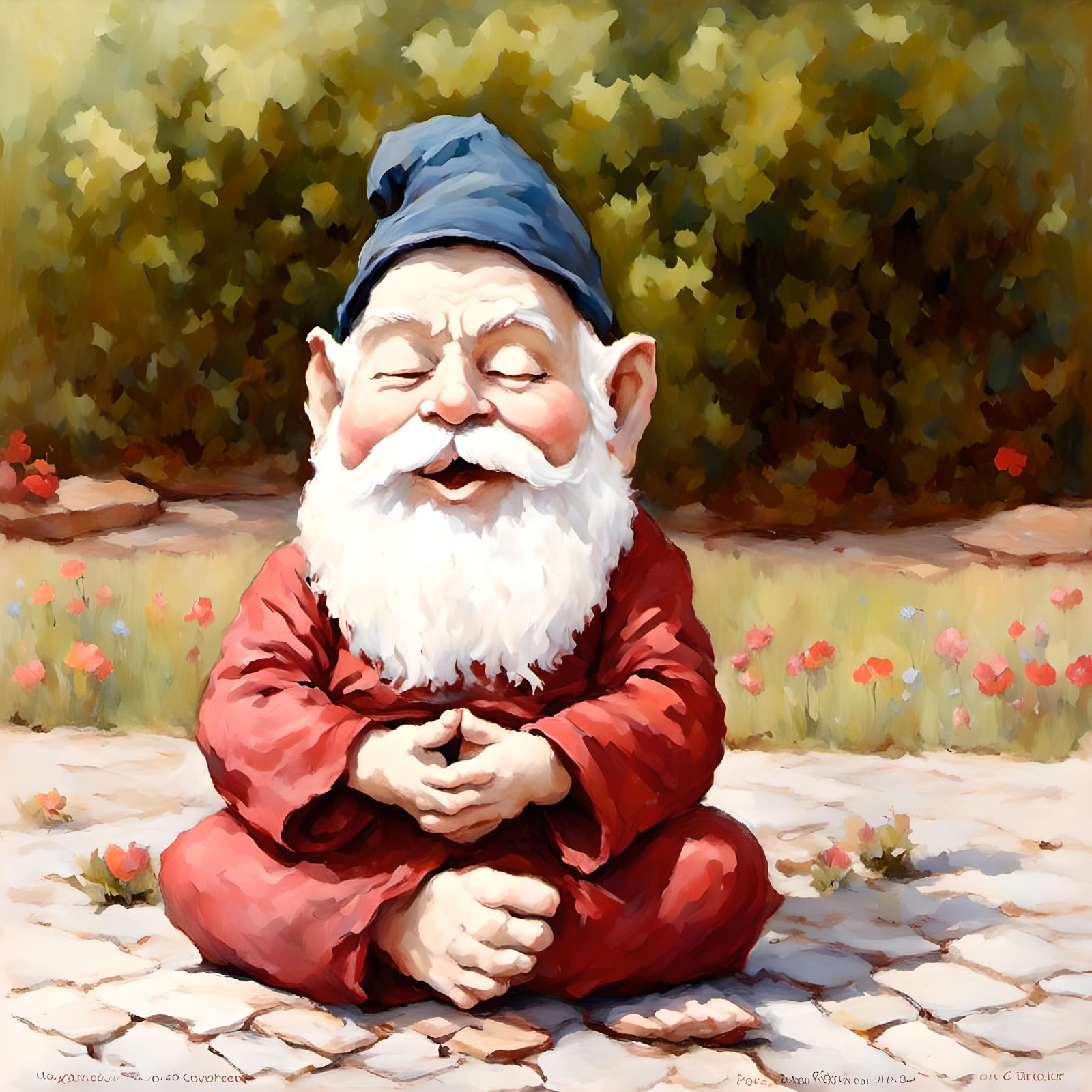 Gnome meditating in a garden, correctly drawn feet, correctl...