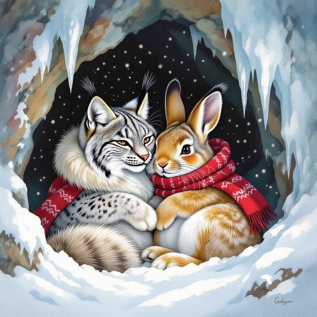 Lynx and Hare Cuddle in Snowy Cave, Beatrix Potter Style