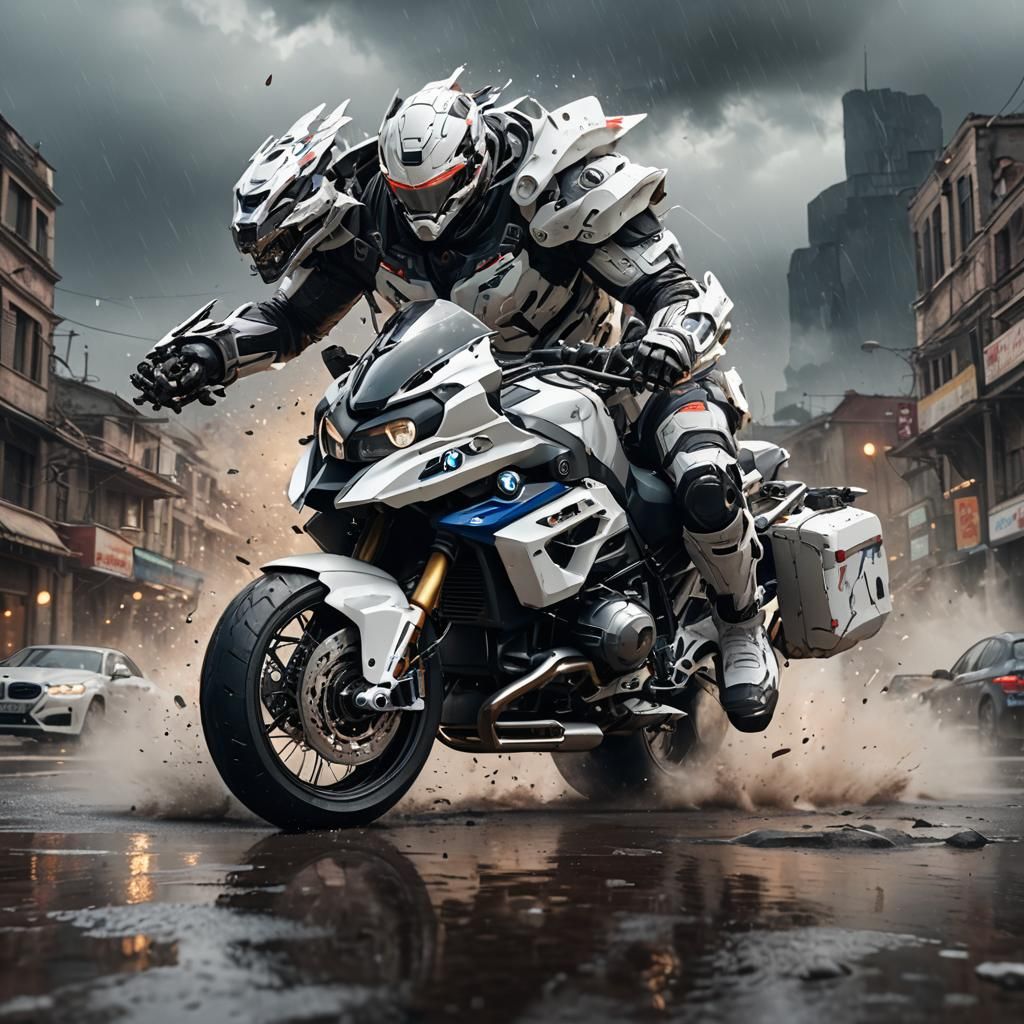 White BMW with Thunderstorm, Matte Painting Style