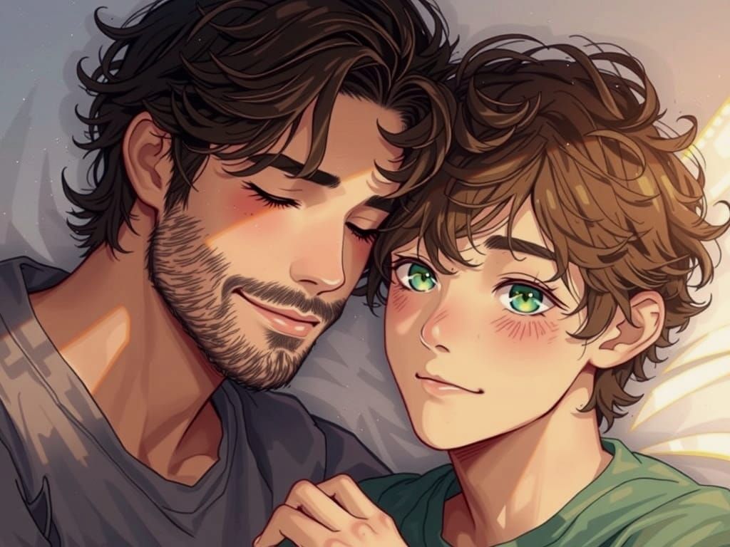 Two Men Share Tender Moment in Swirling Nebula