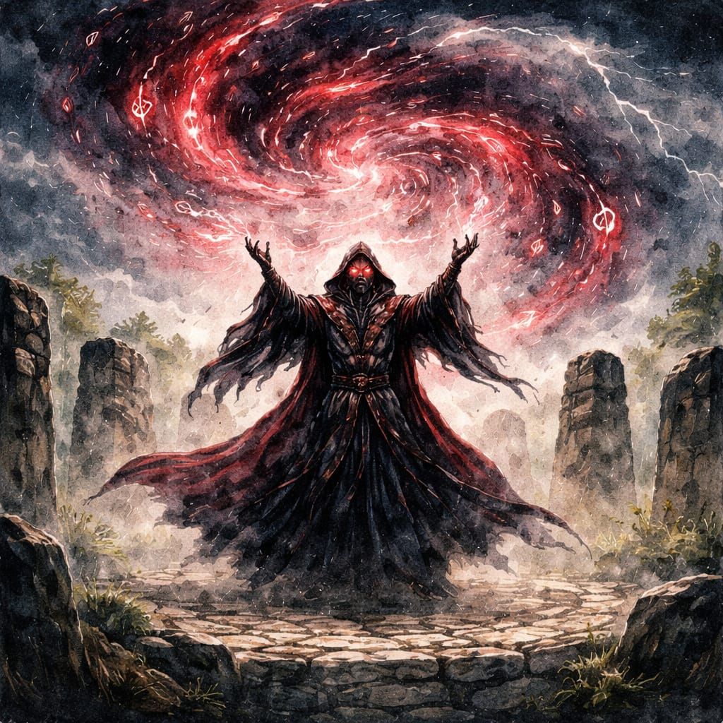 Dark Mage Conjures Storm in Stone Circle