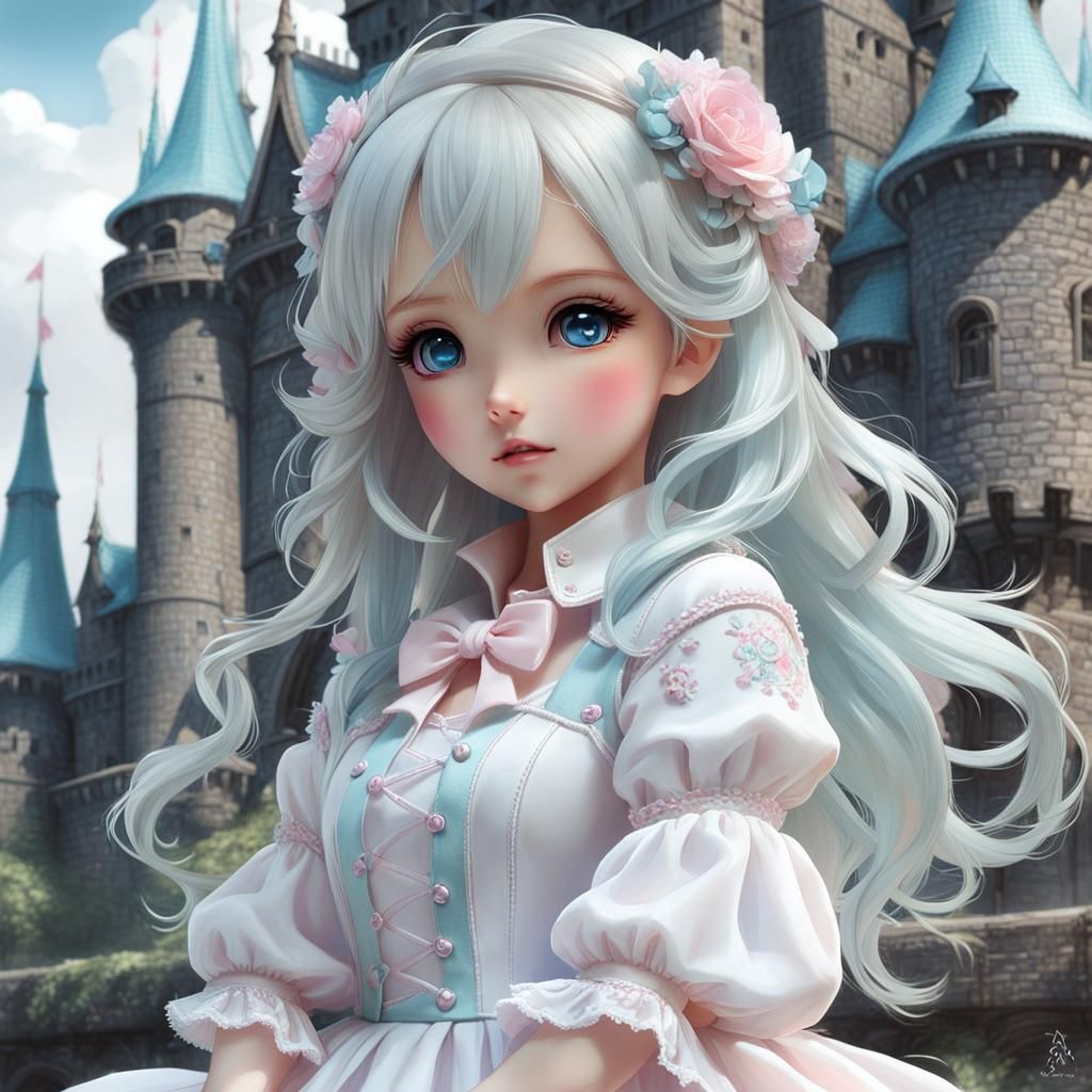 Pastel Kawaii Doll with Castle Background