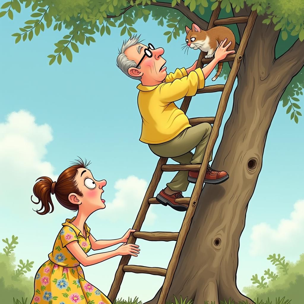 Man Climbs Wobbly Ladder for Cat, Chagall-esque Scene